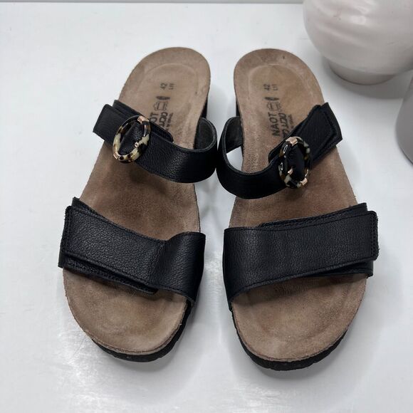 NAOT Anabel Nubuck Leather Cork Wedge Sandal Tortoise Buckle Black Women's US 11 - Picture 5 of 9